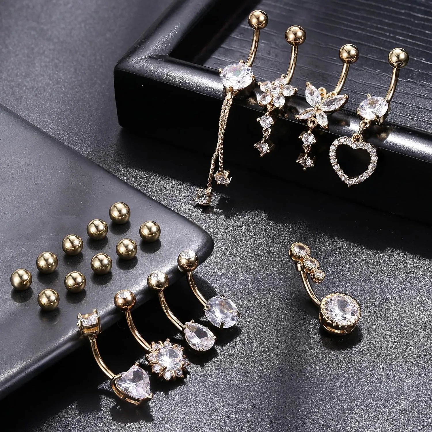 9/10PCS Surgical Stainless Steel Hypoallergenic Belly Button Rings with Extra Replacement Balls, Trendy Dangle Belly Button Piercing Jewelry for Women, 14G - Silver/Gold/Rose Gold