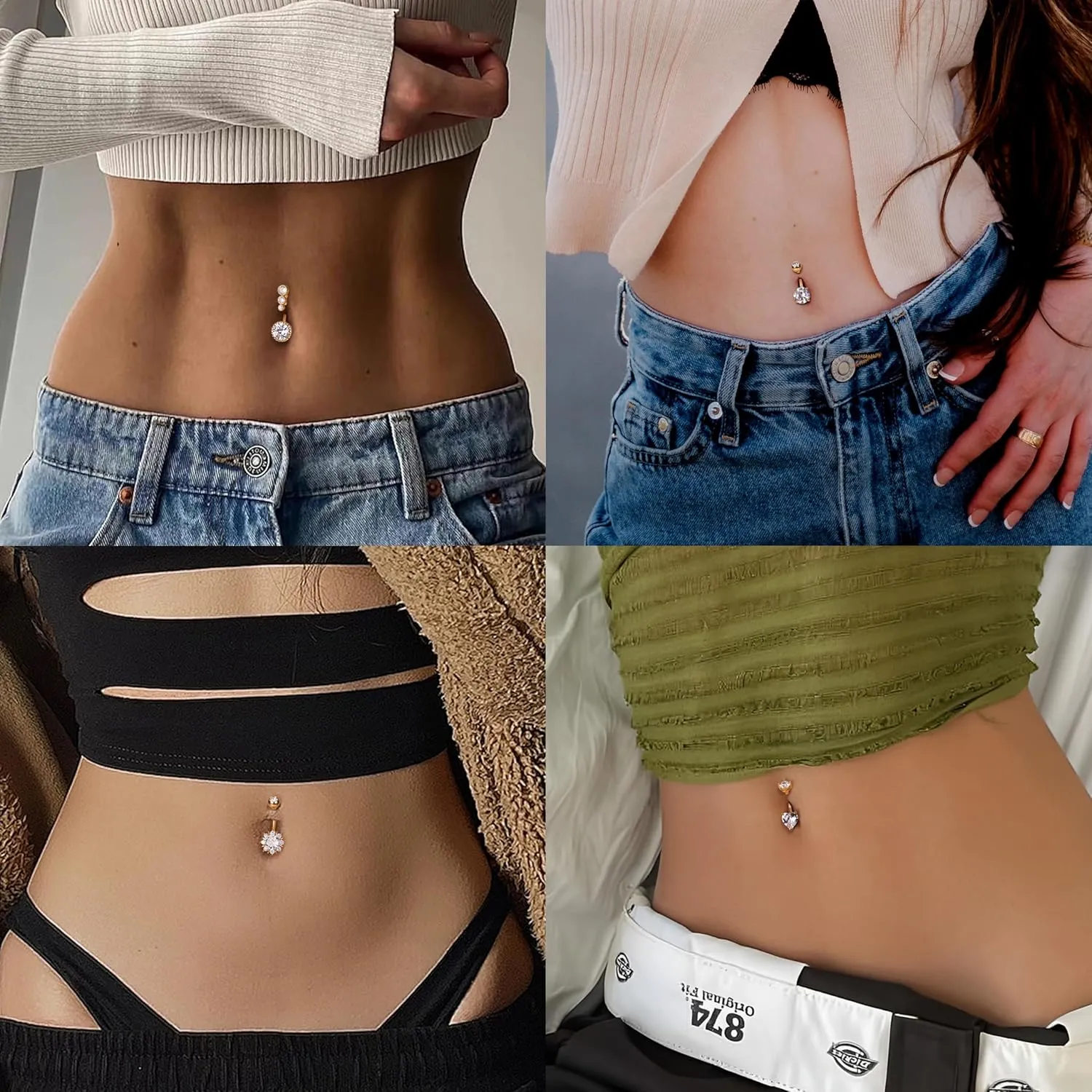 9/10PCS Surgical Stainless Steel Hypoallergenic Belly Button Rings with Extra Replacement Balls, Trendy Dangle Belly Button Piercing Jewelry for Women, 14G - Silver/Gold/Rose Gold