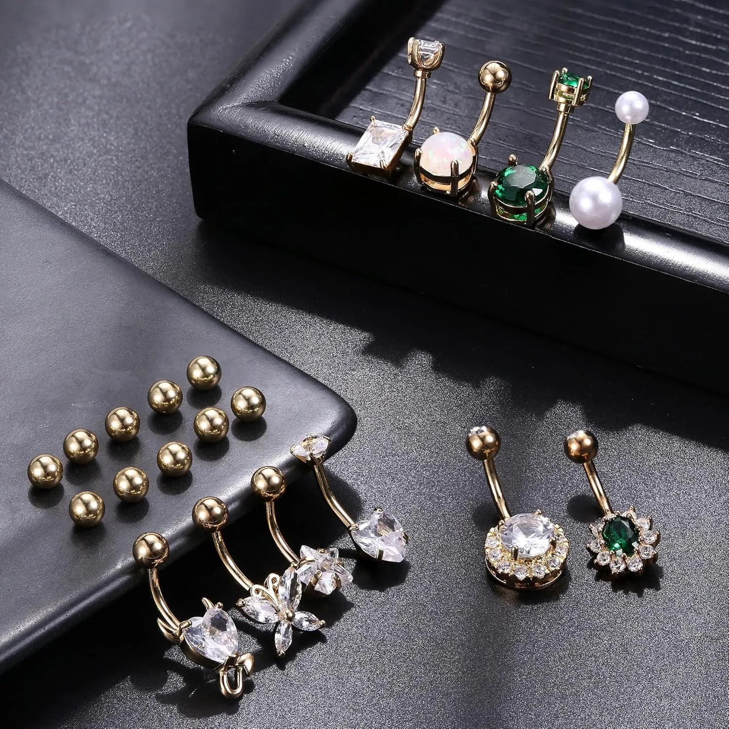 9/10PCS Surgical Stainless Steel Hypoallergenic Belly Button Rings with Extra Replacement Balls, Trendy Dangle Belly Button Piercing Jewelry for Women, 14G - Silver/Gold/Rose Gold