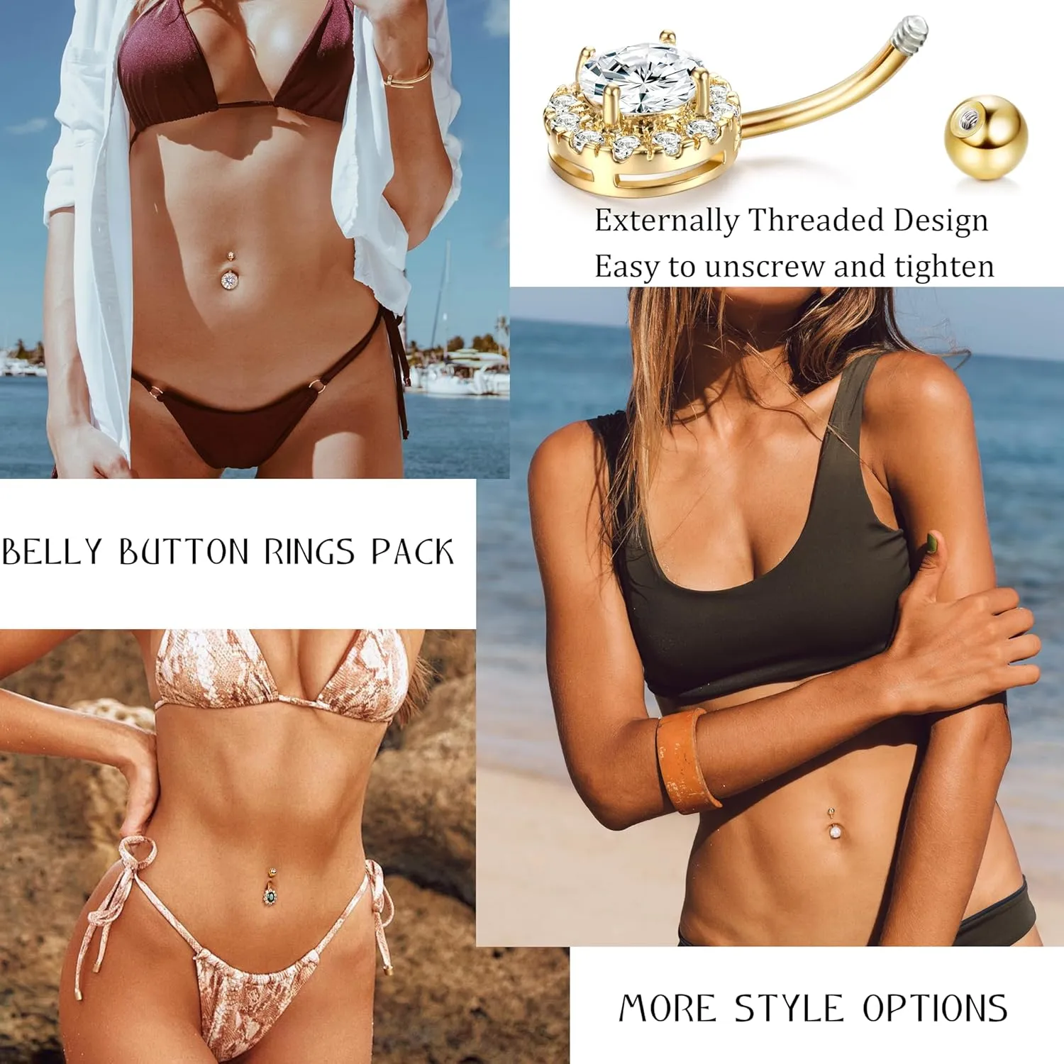 9/10PCS Surgical Stainless Steel Hypoallergenic Belly Button Rings with Extra Replacement Balls, Trendy Dangle Belly Button Piercing Jewelry for Women, 14G - Silver/Gold/Rose Gold