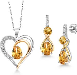 925 Silver and 10K Yellow Gold Gemstone Birthstone and Lab Grown Diamond Heart Pendant Necklace Earrings Set | Pear 8X6MM, Cushion 4MM, Round 1.2MM | Two-Tone Fine Jewelry for Women | 18 Inch Chain