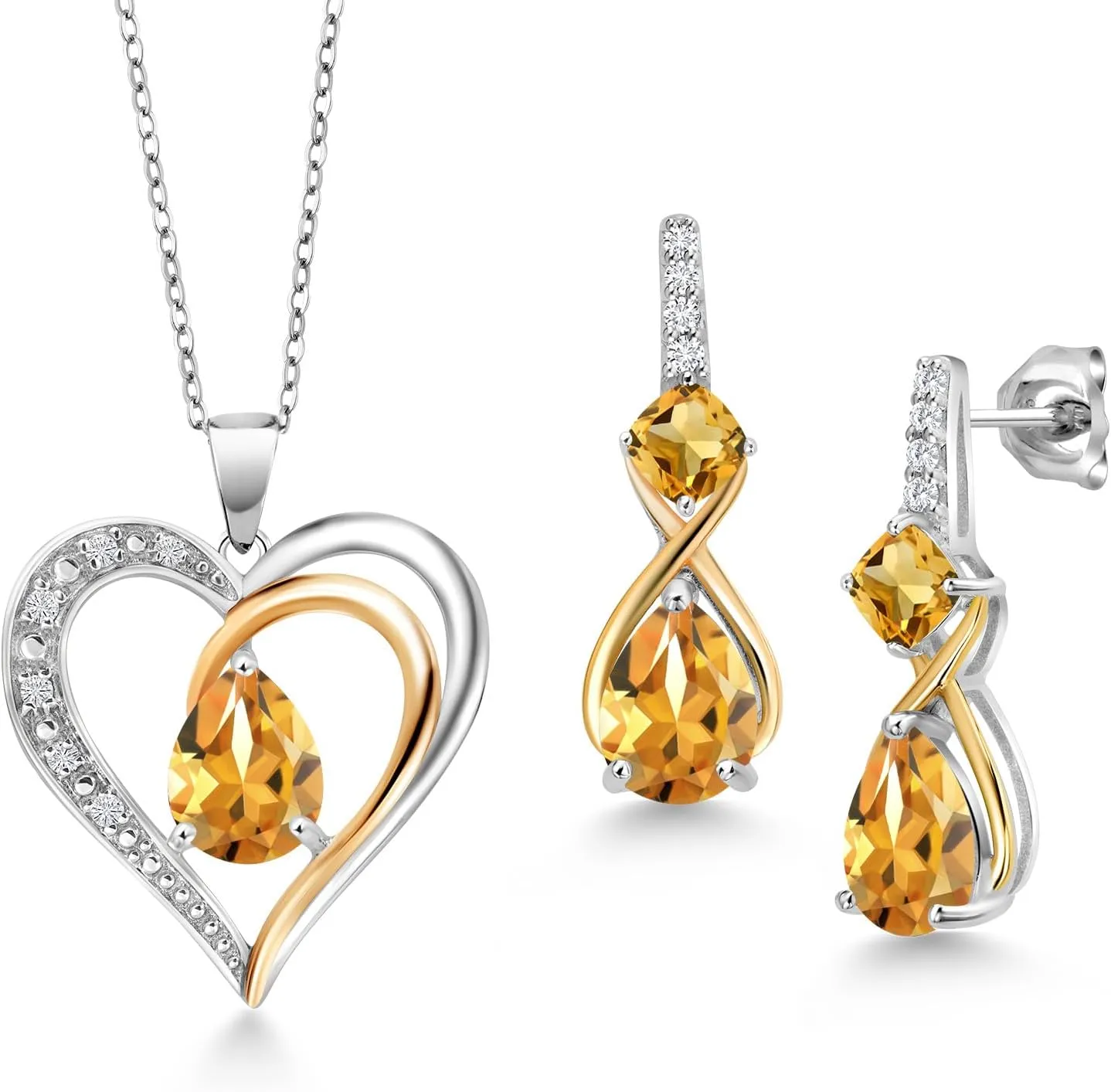 925 Silver and 10K Yellow Gold Gemstone Birthstone and Lab Grown Diamond Heart Pendant Necklace Earrings Set | Pear 8X6MM, Cushion 4MM, Round 1.2MM | Two-Tone Fine Jewelry for Women | 18 Inch Chain