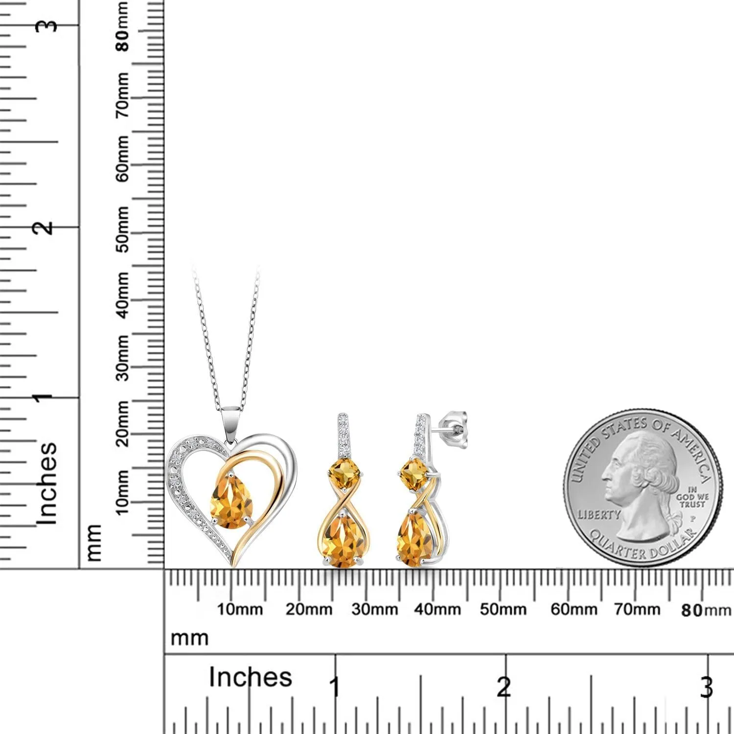 925 Silver and 10K Yellow Gold Gemstone Birthstone and Lab Grown Diamond Heart Pendant Necklace Earrings Set | Pear 8X6MM, Cushion 4MM, Round 1.2MM | Two-Tone Fine Jewelry for Women | 18 Inch Chain