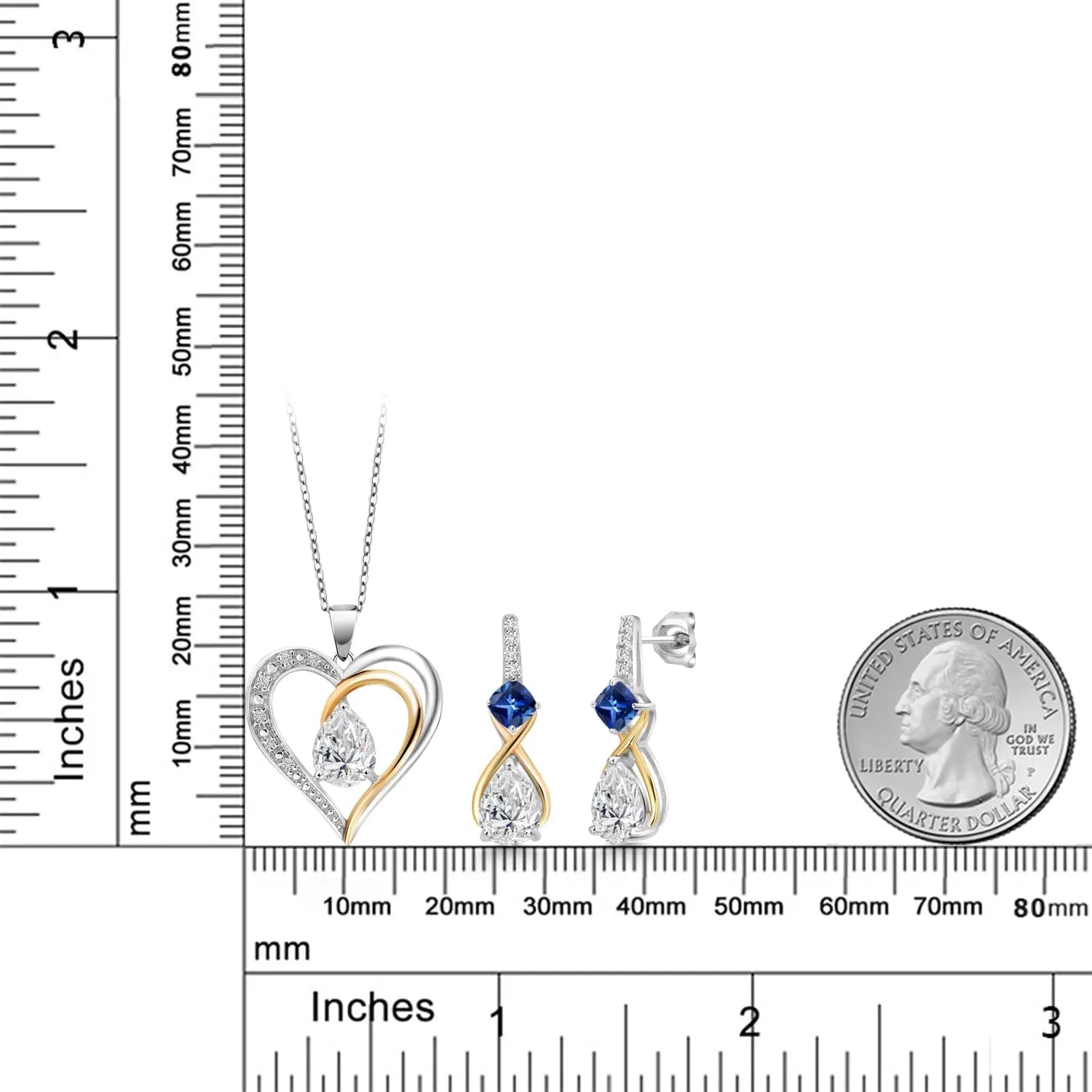 925 Silver and 10K Yellow Gold IGI Certified Lab Grown Diamond and Gemstone Birthstone Heart Pendant Necklace Earrings Set | Pear 8X6MM, Cushion 4MM | Two-Tone Fine Jewelry for Women | 18 Inch Chain