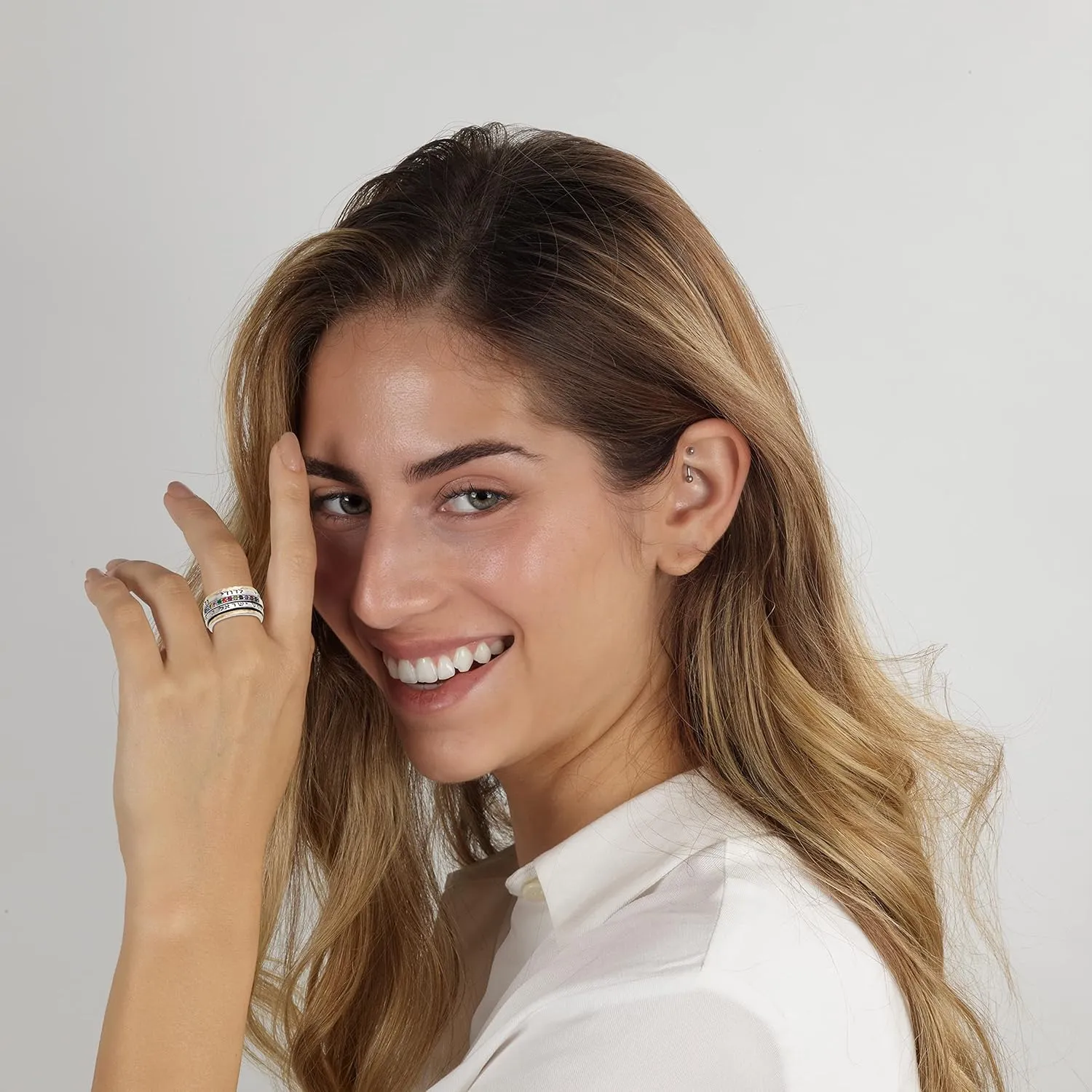 925 Sterling Silver 9k Gold Spinning Ring Hoshen 12 Tribes Design Blessing Ani Ledodi Vedodi Li Shema Israel 0.43" Israel Gifts Hebrew Kabbalah Holyland Bible Blessings Handmade Jewelry