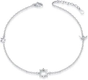 925 Sterling Silver Ankle Bracelets Moon Star Sun Universe/Flower/Sunflower/Heart/Sideway Cross/Sea Turtle Starfish Adjustable Anklet Jewelry Foot Chain for Women 9 1inch