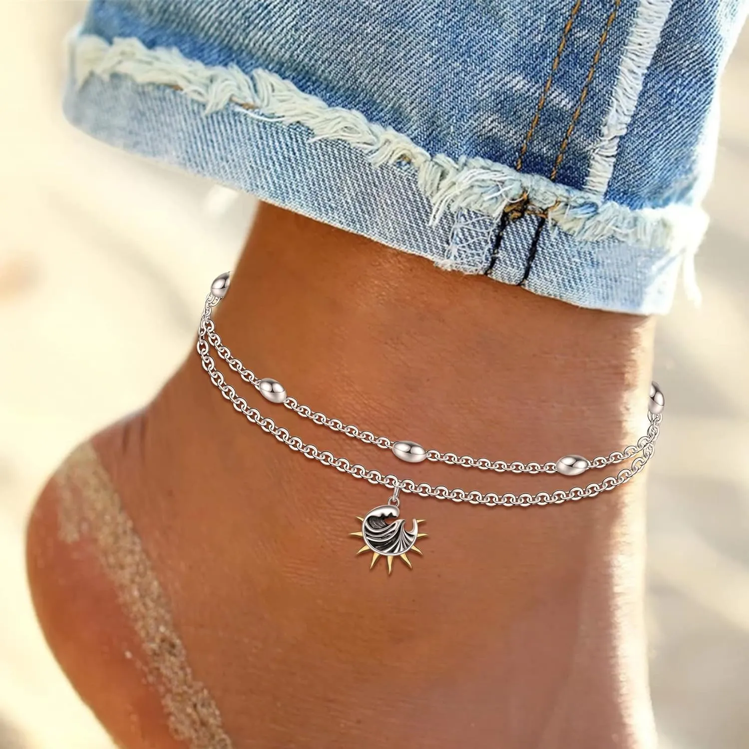 925 Sterling Silver Anklets for Women Layered Adjustable Ankle Bracelet for Best Friends - 9.5" with 1.2" Extender