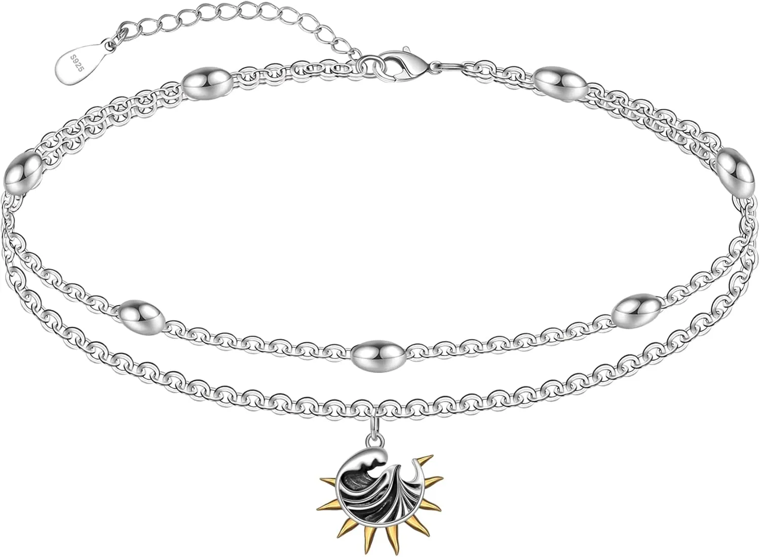 925 Sterling Silver Anklets for Women Layered Adjustable Ankle Bracelet for Best Friends - 9.5" with 1.2" Extender