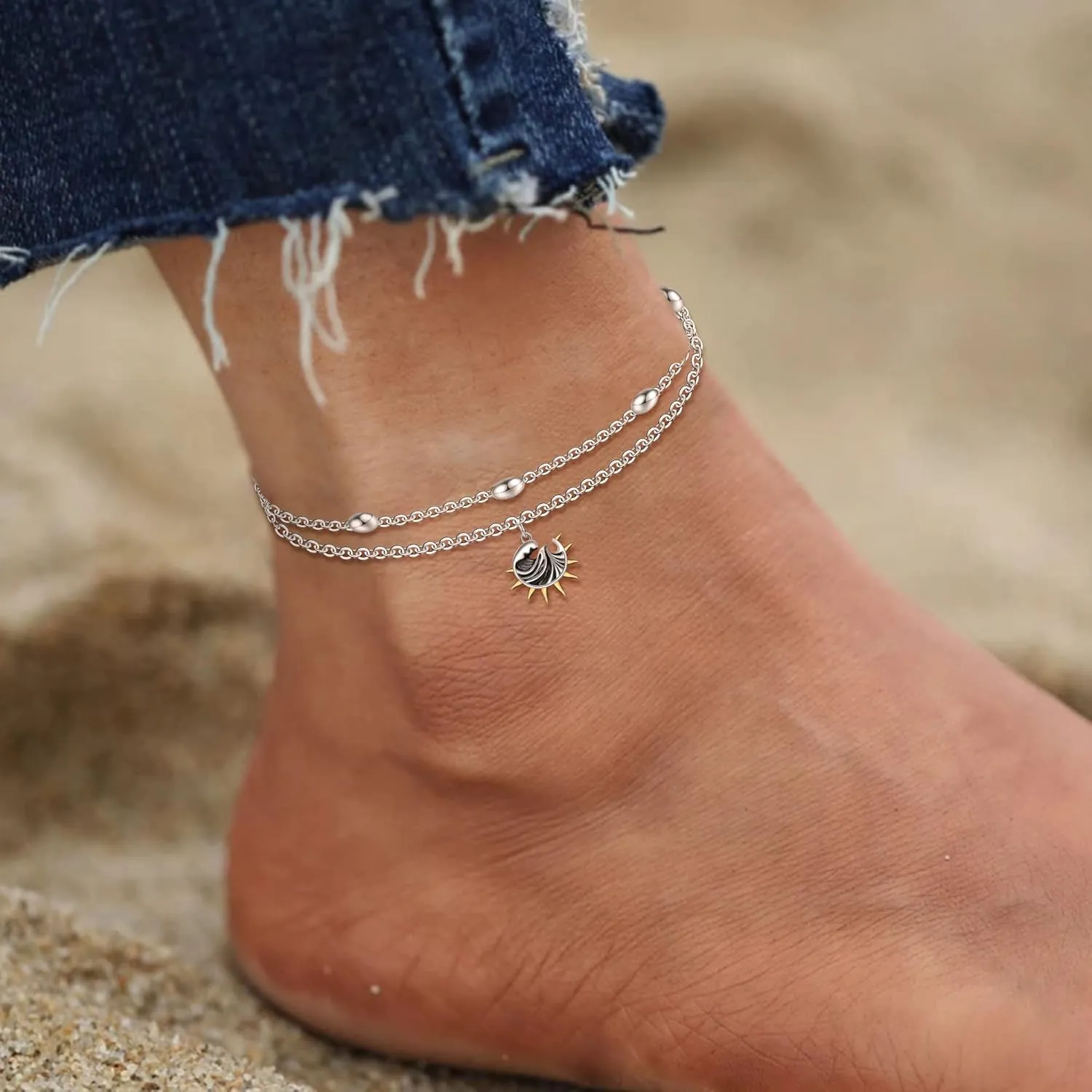 925 Sterling Silver Anklets for Women Layered Adjustable Ankle Bracelet for Best Friends - 9.5" with 1.2" Extender