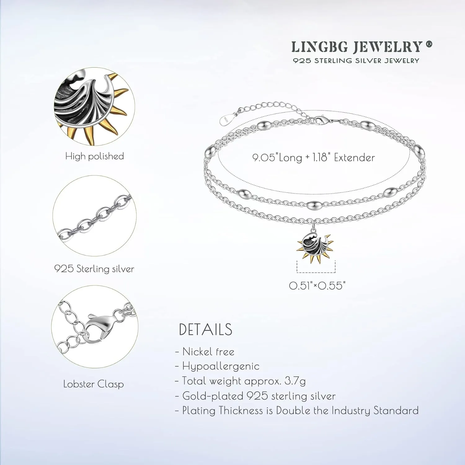 925 Sterling Silver Anklets for Women Layered Adjustable Ankle Bracelet for Best Friends - 9.5" with 1.2" Extender