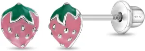 925 Sterling Silver Enamel Strawberry Stud Earrings for Toddlers & Little Girls - Stylish Strawberry Screw Backs for Girls- Colorful Fruit Screw Back Earrings for Everyday Use