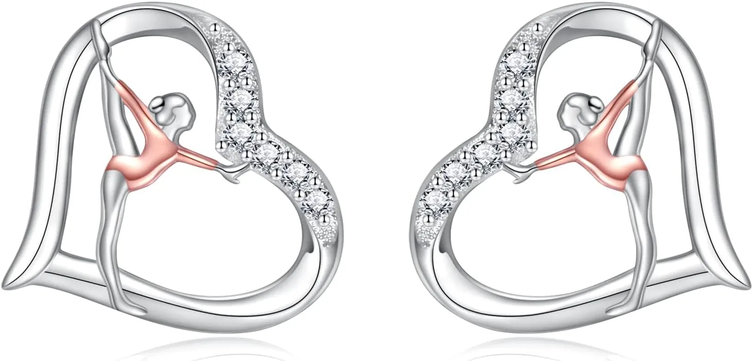 925 Sterling Silver Gymnastics Stud Earrings: Heart Gymnastics Gifts for Women Round Crystal Gymnast Stud Earrings Fashion Jewelry Gift for Daughter Niece