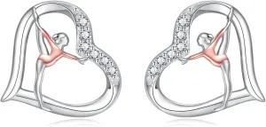 925 Sterling Silver Gymnastics Stud Earrings: Heart Gymnastics Gifts for Women Round Crystal Gymnast Stud Earrings Fashion Jewelry Gift for Daughter Niece