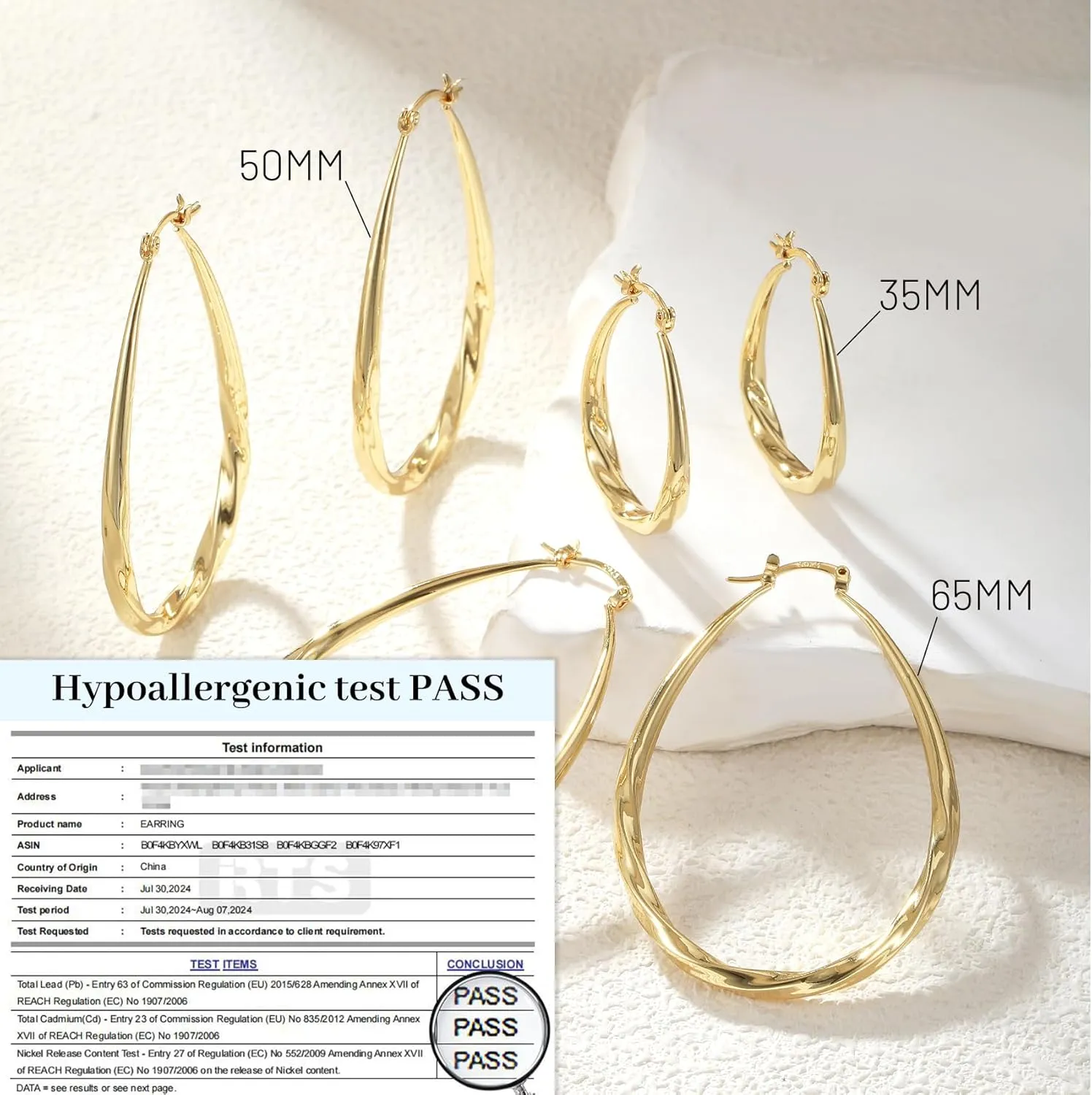 925 Sterling Silver Hoop Earrings for Women, Hypoallergenic Large Silver Hoop Earrings Hollow Tube Lightweight Oval Hoops Earrings for Women Gifts (35/50/65MM)