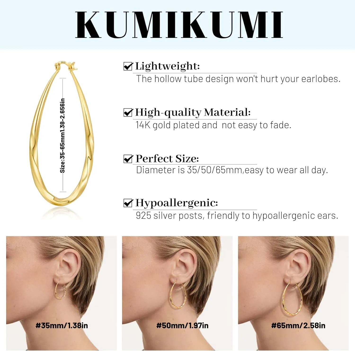 925 Sterling Silver Hoop Earrings for Women, Hypoallergenic Large Silver Hoop Earrings Hollow Tube Lightweight Oval Hoops Earrings for Women Gifts (35/50/65MM)