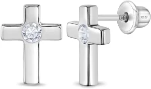 925 Sterling Silver Tiny Cubic Zirconia Cross Screw Back Earrings For Toddlers & Young Girls - Stylish Cross Earrings for Kids for Baptism or Communions - Special Religious Earrings For Girls
