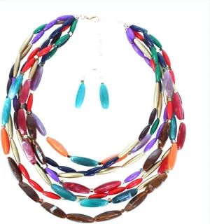 ABJFJE Womens Multi Layer Crystal Resin Choker Necklace and Drop Earring Set Fashion Multi Colored Beads Statement Clavicle Collar Bib Necklace Earrings Costume Jewelry Set