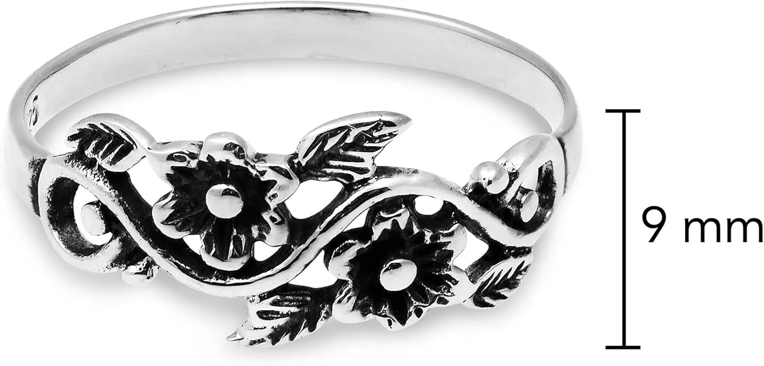 AeraVida Blooming Wild Floral Vine .925 Sterling Silver Band Ring | Wild Floral Silver Rings | Vine Band Ring Silver for Women | Comfort Fit USA Sizes 4-13 | Silver Ring Jewelry
