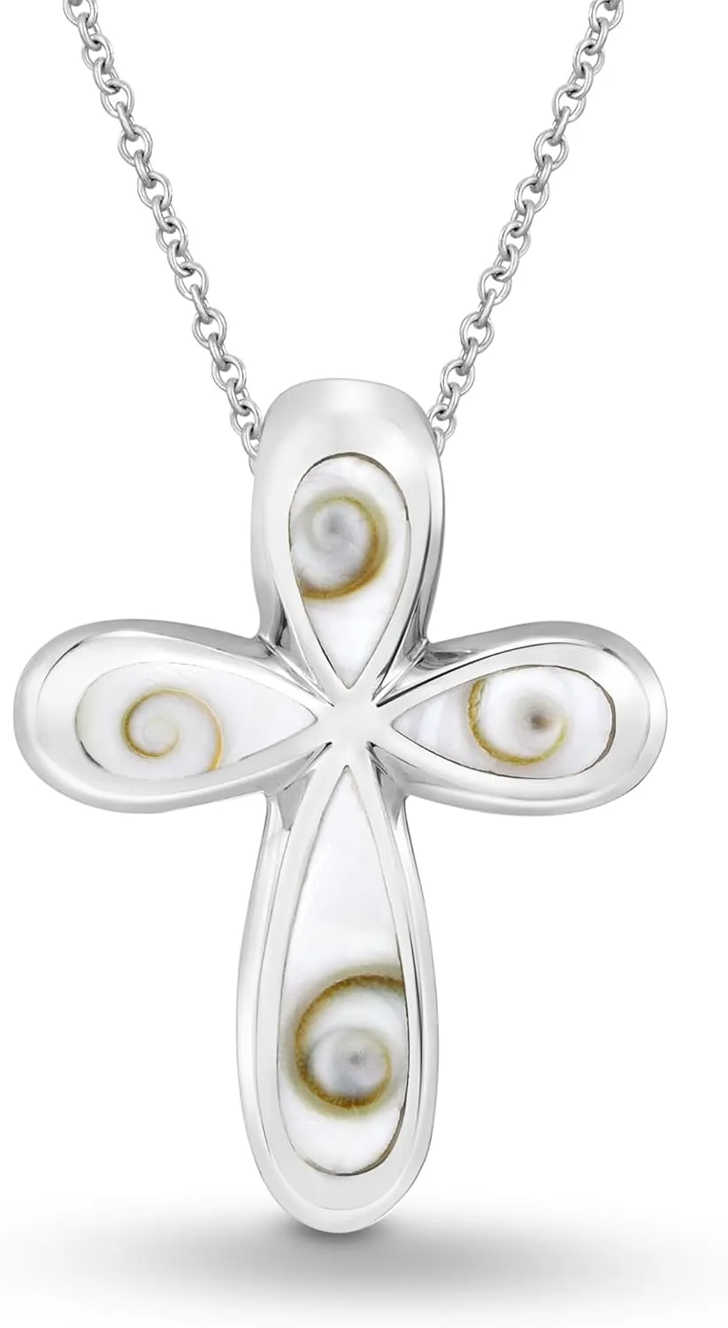 AeraVida Rounded Edge Cross Swirl Shiva Shell .925 Sterling Silver Pendant Necklace | Unique Spiritual Cross Necklace for Women | Sterling Silver and Shiva Shell Jewelry