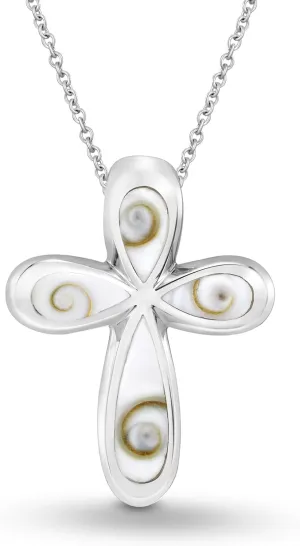 AeraVida Rounded Edge Cross Swirl Shiva Shell .925 Sterling Silver Pendant Necklace | Unique Spiritual Cross Necklace for Women | Sterling Silver and Shiva Shell Jewelry