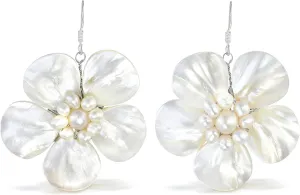 AeraVida Sterling Silver Floral Drop Earrings | Cultured Freshwater Pearl & Shell Flower Dangle Earrings | Handmade Nature-Inspired Jewelry