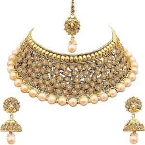 Aheli Wedding Designer Choker Necklace with Jhumki Earrings Maang Tikka Set Ethnic Bollywood Traditional Fashion Stylish Jewelry for Indian Women & Girls