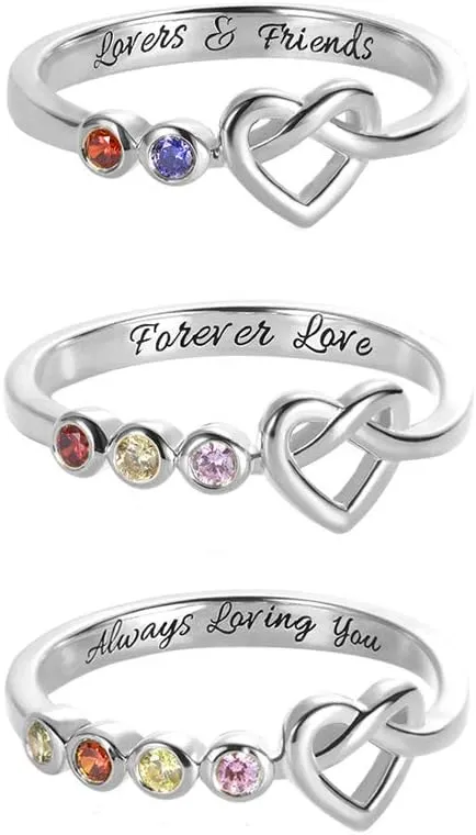 AILIN Knot Love Rings with 2-4 Birthstones 925 Sterling Silver Heart Rings Wedding Bands Promise for Women Mother Couple Family Valentine' Day Gifts