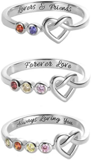 AILIN Knot Love Rings with 2-4 Birthstones 925 Sterling Silver Heart Rings Wedding Bands Promise for Women Mother Couple Family Valentine' Day Gifts