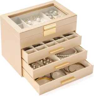 AKOZLIN 4-Tier Jewelry Box with Clear Glass Lid Functional Leather Jewelry Storage Organizer Case 3 Drawers for Women Girls Necklace Ring Bracelet Earring
