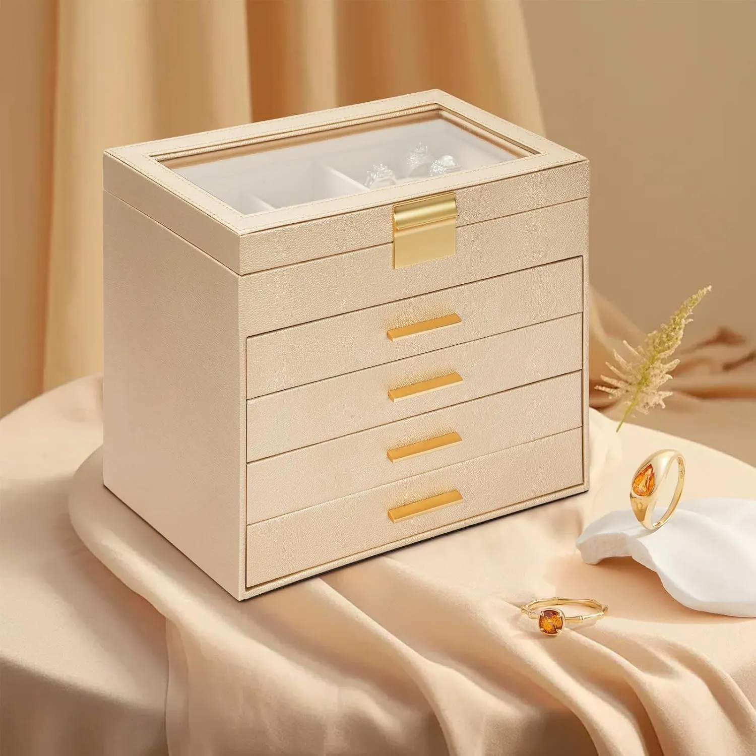 AKOZLIN 5-Tier Jewelry Box with Clear Glass Lid Functional Leather Jewelry Storage Organizer Case 4 Drawers for Women Girls Necklace Ring Bracelet Earring
