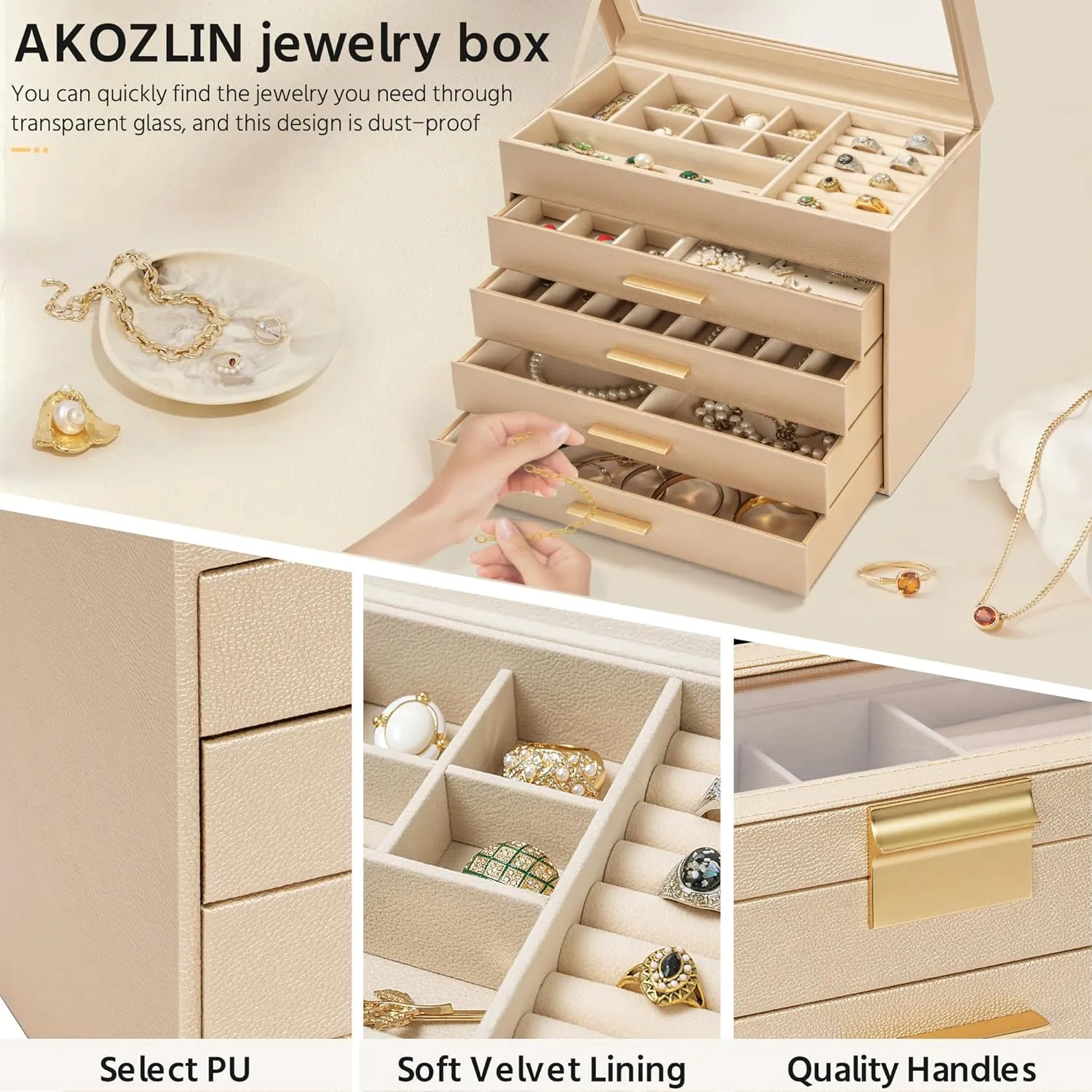 AKOZLIN 5-Tier Jewelry Box with Clear Glass Lid Functional Leather Jewelry Storage Organizer Case 4 Drawers for Women Girls Necklace Ring Bracelet Earring