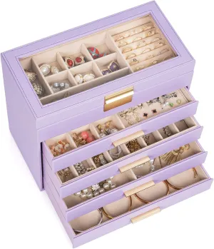 AKOZLIN 5-Tier Jewelry Box with Clear Glass Lid Functional Leather Jewelry Storage Organizer Case 4 Drawers for Women Girls Necklace Ring Bracelet Earring