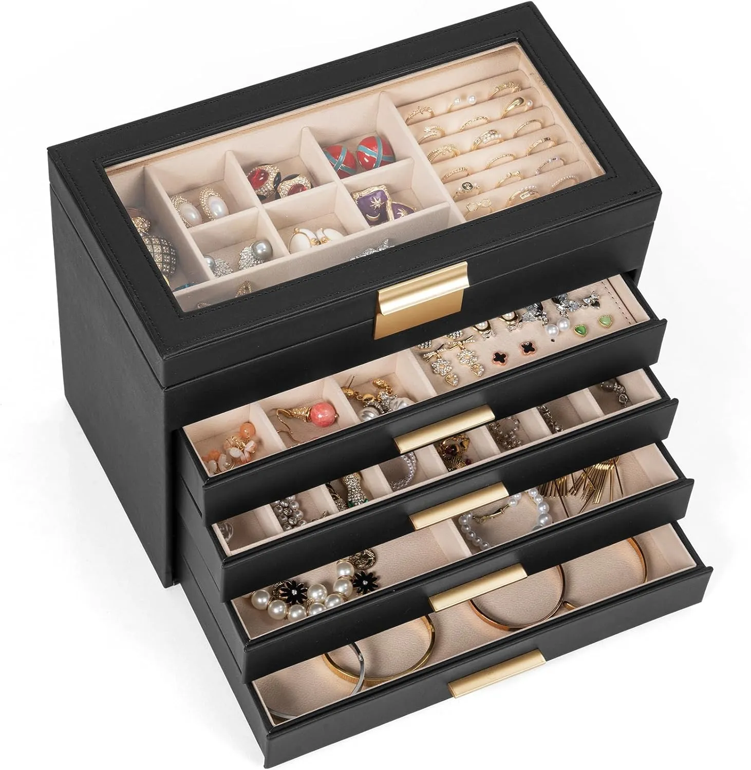 AKOZLIN 5-Tier Jewelry Box with Clear Glass Lid Functional Leather Jewelry Storage Organizer Case 4 Drawers for Women Girls Necklace Ring Bracelet Earring
