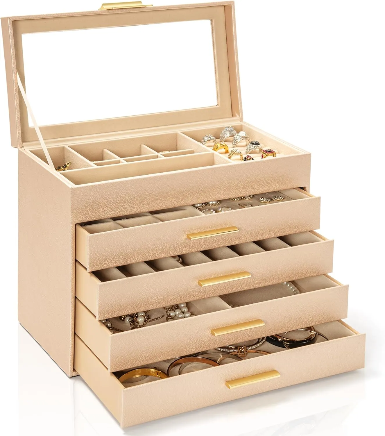 AKOZLIN 5-Tier Jewelry Box with Clear Glass Lid Functional Leather Jewelry Storage Organizer Case 4 Drawers for Women Girls Necklace Ring Bracelet Earring
