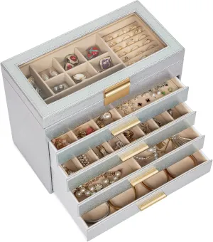 AKOZLIN 5-Tier Jewelry Box with Clear Glass Lid Functional Leather Jewelry Storage Organizer Case 4 Drawers for Women Girls Necklace Ring Bracelet Earring