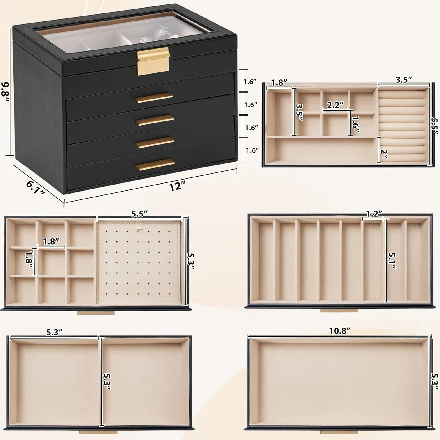 AKOZLIN 5-Tier Jewelry Box with Clear Glass Lid Functional Leather Jewelry Storage Organizer Case 4 Drawers for Women Girls Necklace Ring Bracelet Earring