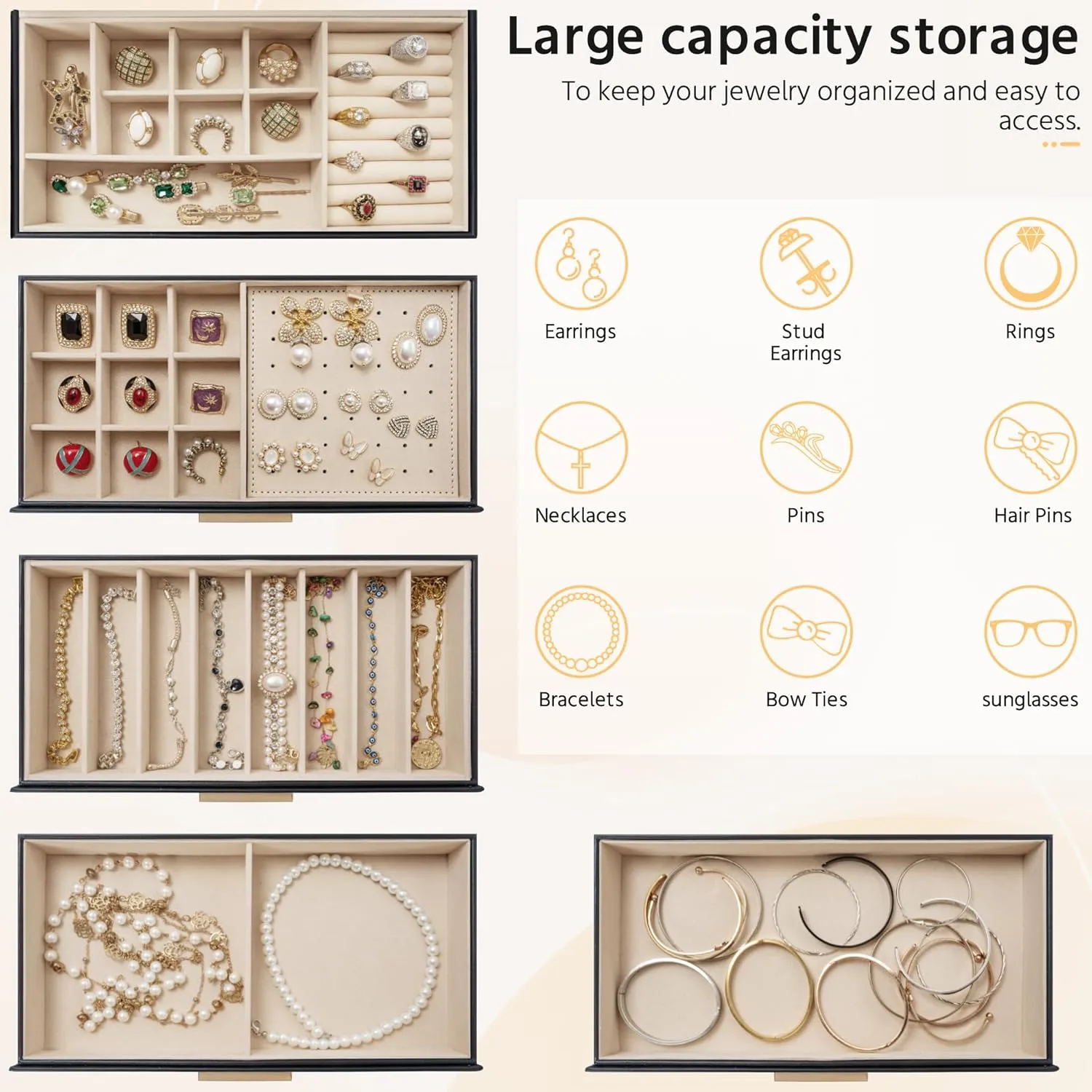 AKOZLIN 5-Tier Jewelry Box with Clear Glass Lid Functional Leather Jewelry Storage Organizer Case 4 Drawers for Women Girls Necklace Ring Bracelet Earring