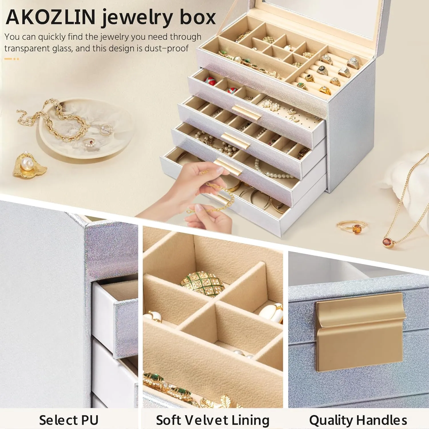 AKOZLIN 5-Tier Jewelry Box with Clear Glass Lid Functional Leather Jewelry Storage Organizer Case 4 Drawers for Women Girls Necklace Ring Bracelet Earring