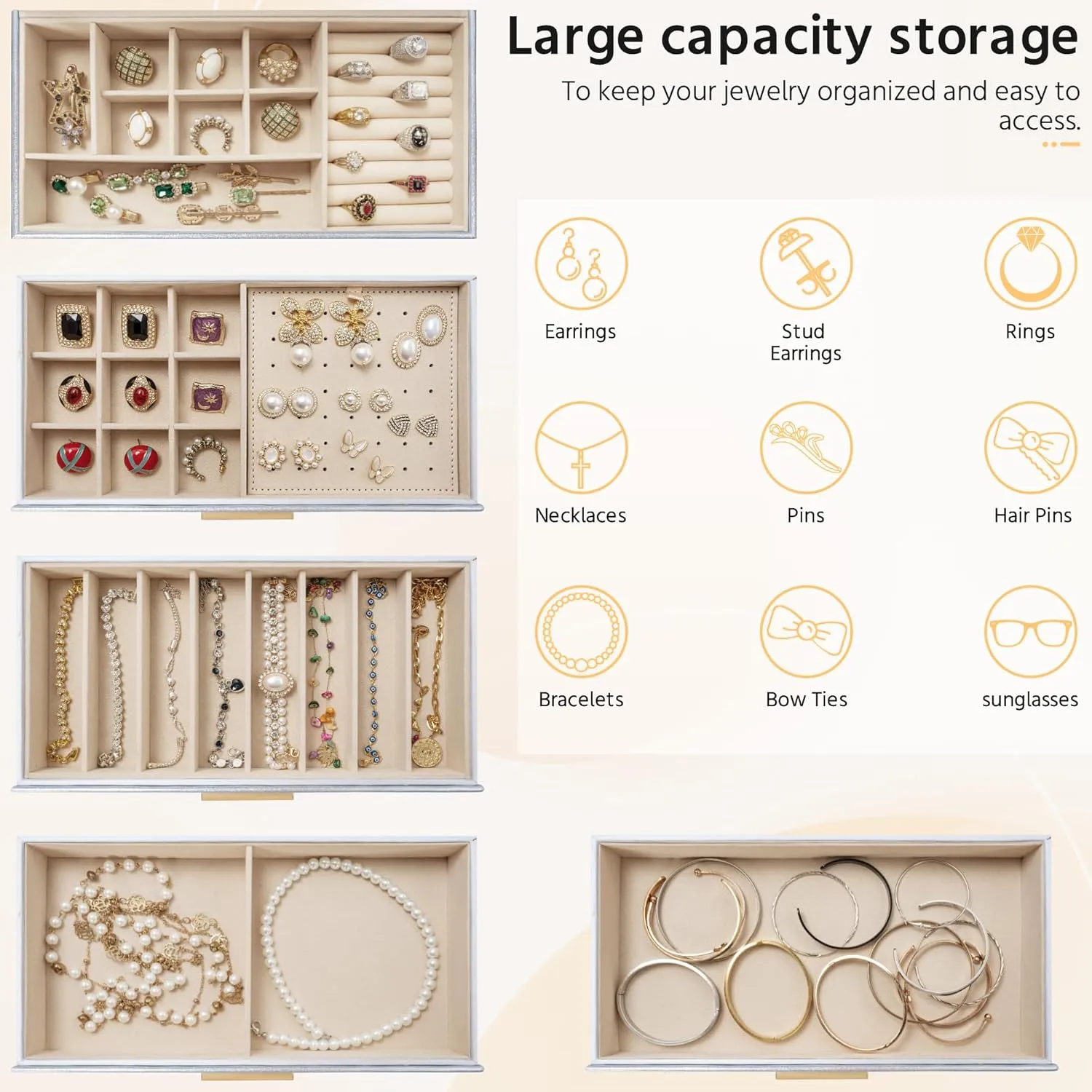 AKOZLIN 5-Tier Jewelry Box with Clear Glass Lid Functional Leather Jewelry Storage Organizer Case 4 Drawers for Women Girls Necklace Ring Bracelet Earring