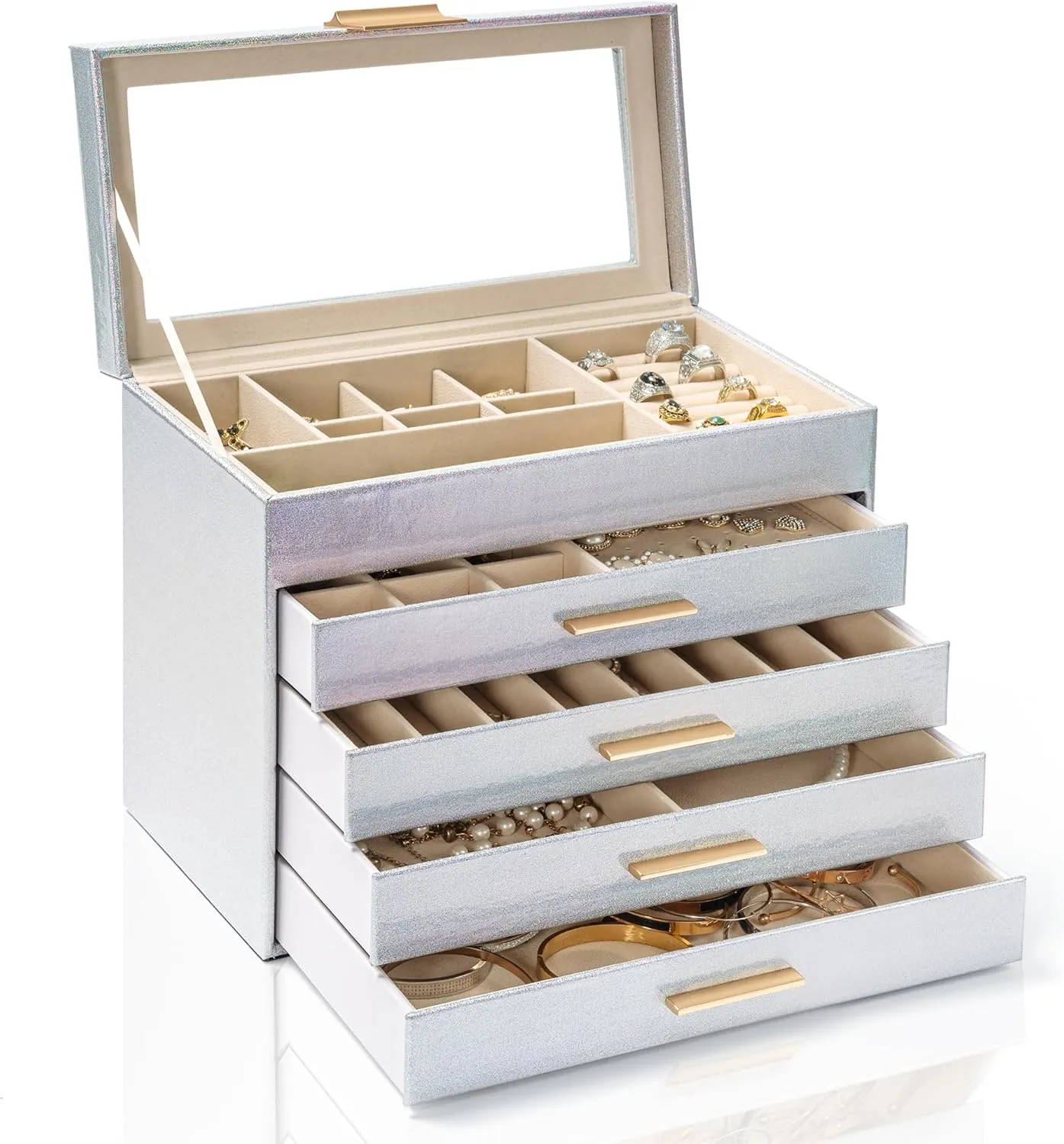 AKOZLIN 5-Tier Jewelry Box with Clear Glass Lid Functional Leather Jewelry Storage Organizer Case 4 Drawers for Women Girls Necklace Ring Bracelet Earring