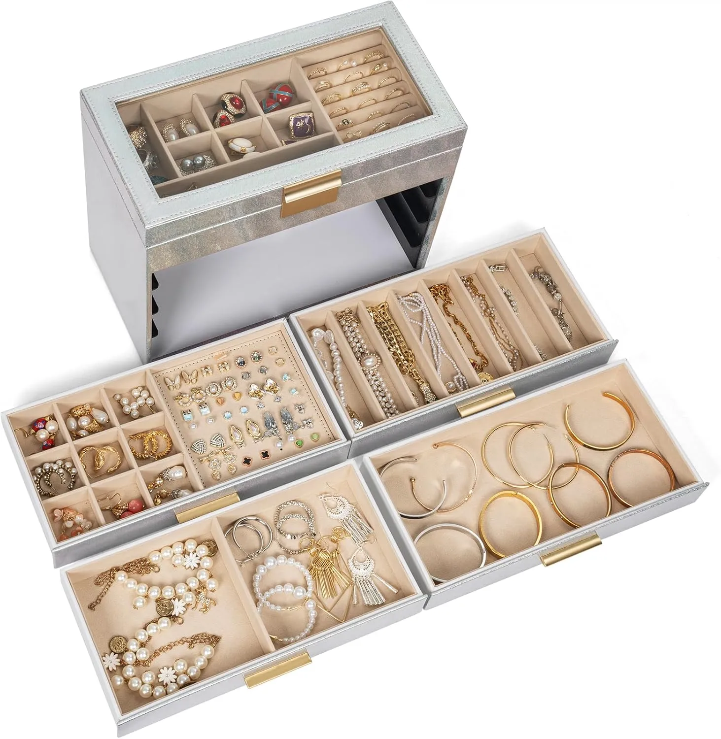 AKOZLIN 5-Tier Jewelry Box with Clear Glass Lid Functional Leather Jewelry Storage Organizer Case 4 Drawers for Women Girls Necklace Ring Bracelet Earring