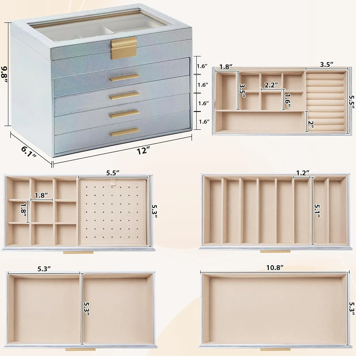 AKOZLIN 5-Tier Jewelry Box with Clear Glass Lid Functional Leather Jewelry Storage Organizer Case 4 Drawers for Women Girls Necklace Ring Bracelet Earring