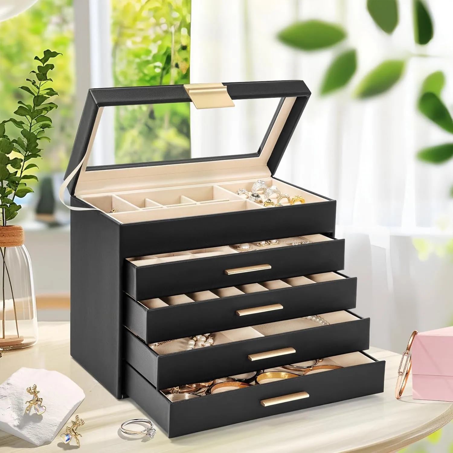 AKOZLIN 5-Tier Jewelry Box with Clear Glass Lid Functional Leather Jewelry Storage Organizer Case 4 Drawers for Women Girls Necklace Ring Bracelet Earring