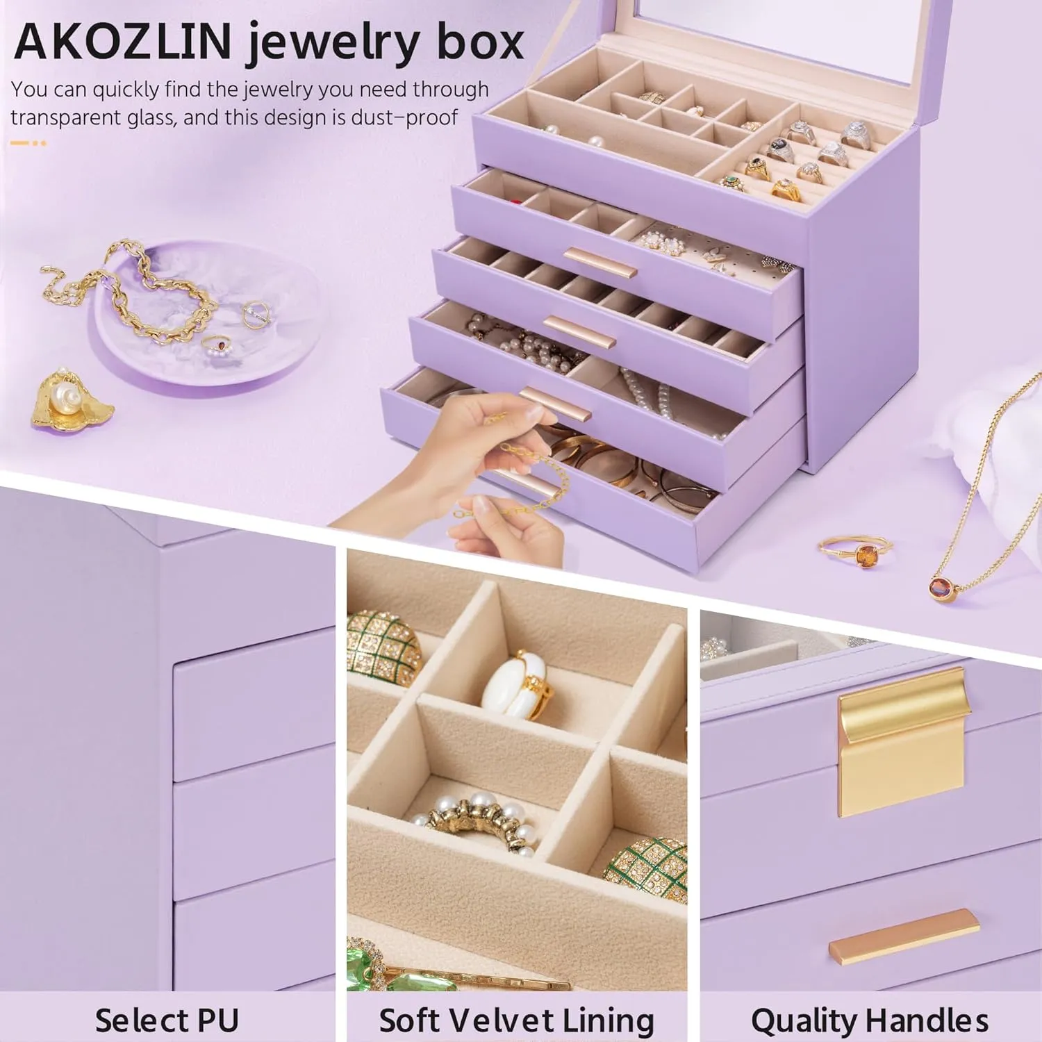 AKOZLIN 5-Tier Jewelry Box with Clear Glass Lid Functional Leather Jewelry Storage Organizer Case 4 Drawers for Women Girls Necklace Ring Bracelet Earring