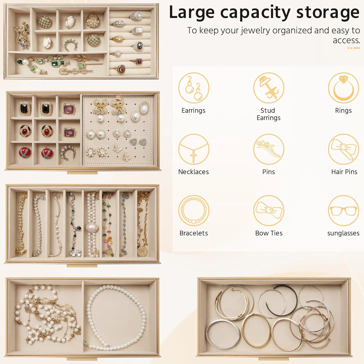 AKOZLIN 5-Tier Jewelry Box with Clear Glass Lid Functional Leather Jewelry Storage Organizer Case 4 Drawers for Women Girls Necklace Ring Bracelet Earring