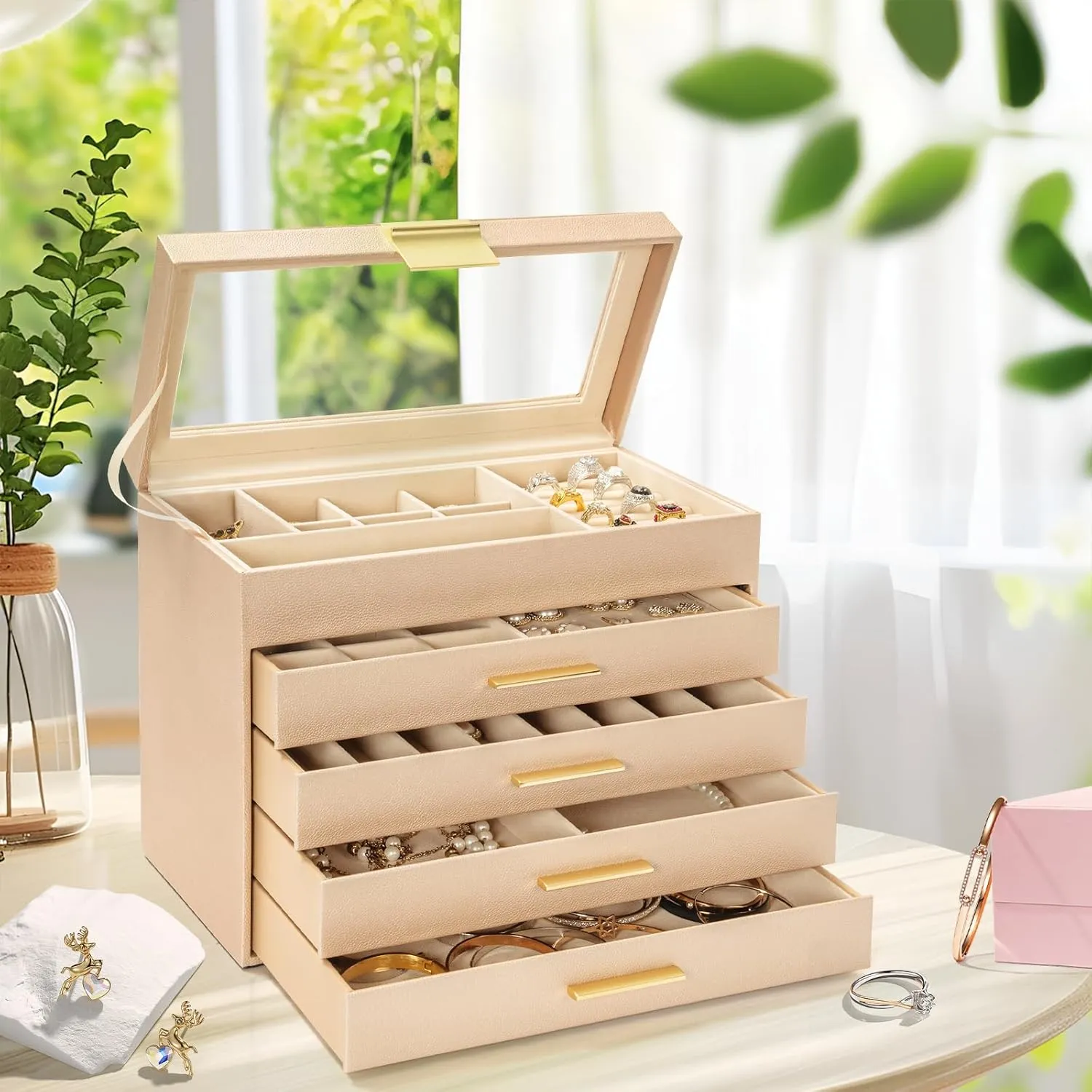 AKOZLIN 5-Tier Jewelry Box with Clear Glass Lid Functional Leather Jewelry Storage Organizer Case 4 Drawers for Women Girls Necklace Ring Bracelet Earring