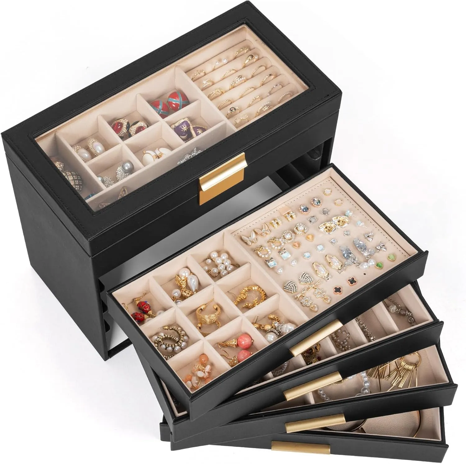 AKOZLIN 5-Tier Jewelry Box with Clear Glass Lid Functional Leather Jewelry Storage Organizer Case 4 Drawers for Women Girls Necklace Ring Bracelet Earring