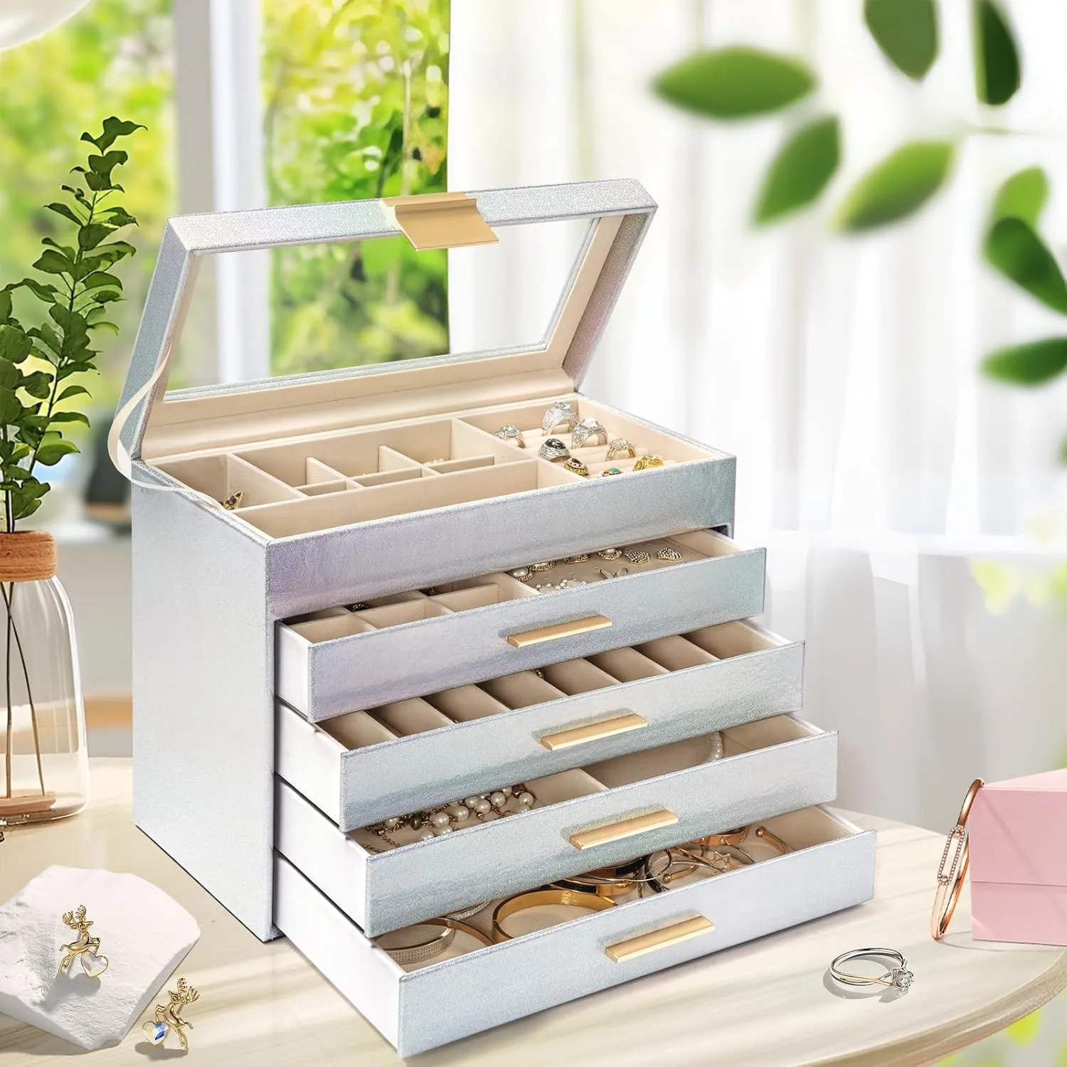 AKOZLIN 5-Tier Jewelry Box with Clear Glass Lid Functional Leather Jewelry Storage Organizer Case 4 Drawers for Women Girls Necklace Ring Bracelet Earring