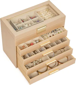 AKOZLIN 5-Tier Jewelry Box with Clear Glass Lid Functional Leather Jewelry Storage Organizer Case 4 Drawers for Women Girls Necklace Ring Bracelet Earring