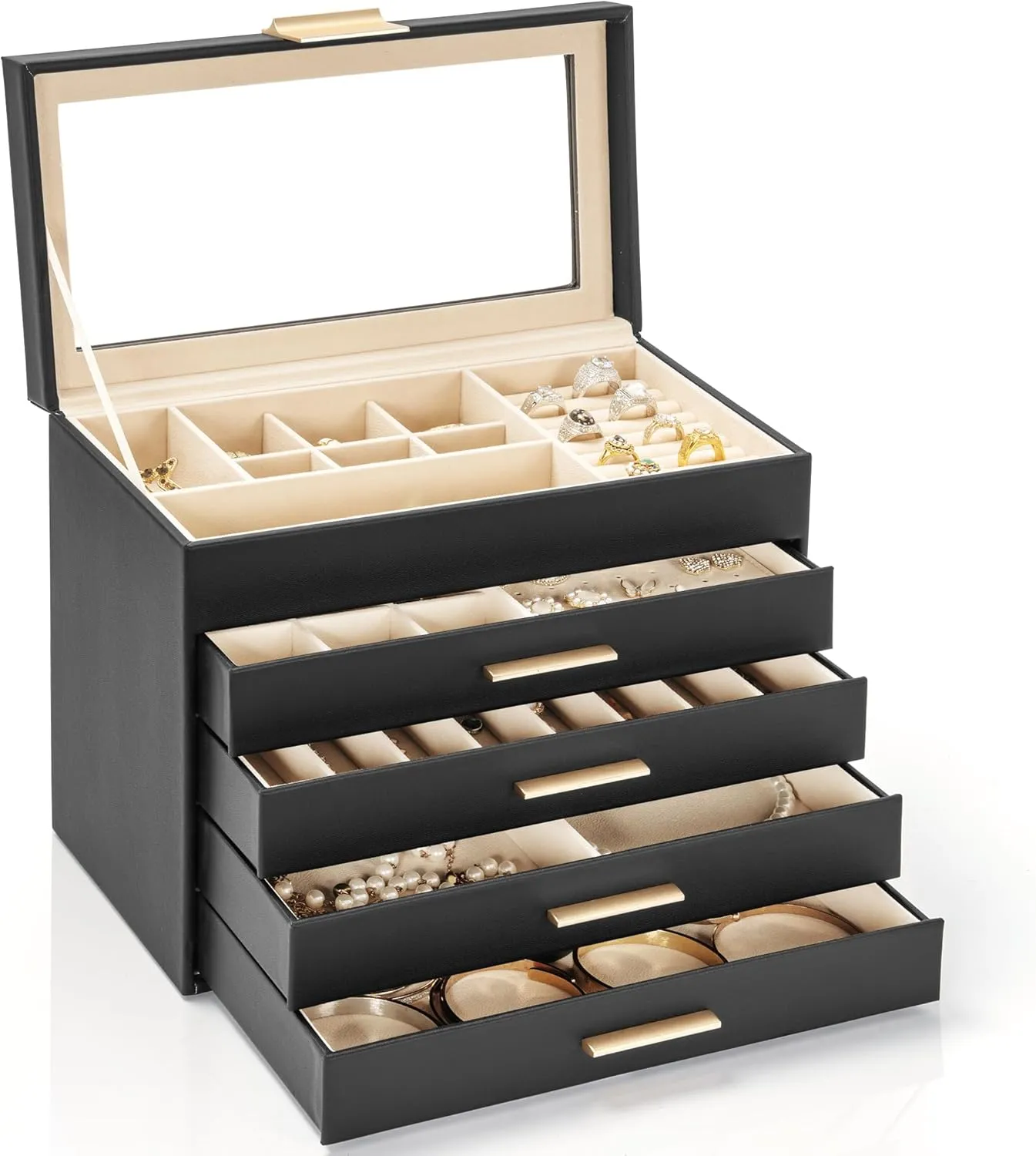 AKOZLIN 5-Tier Jewelry Box with Clear Glass Lid Functional Leather Jewelry Storage Organizer Case 4 Drawers for Women Girls Necklace Ring Bracelet Earring